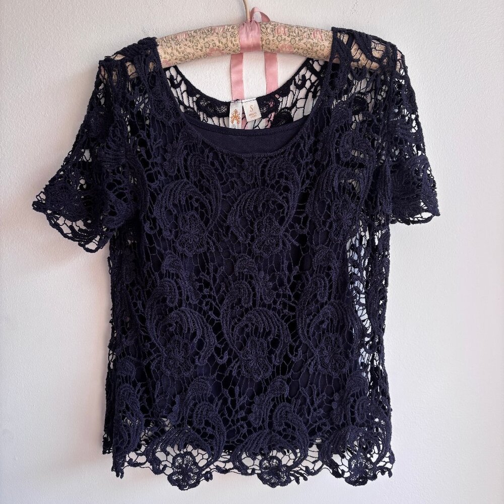 Adiva Navy Lace Overlay Top with Built-in Camisole - Size S (or S/M)